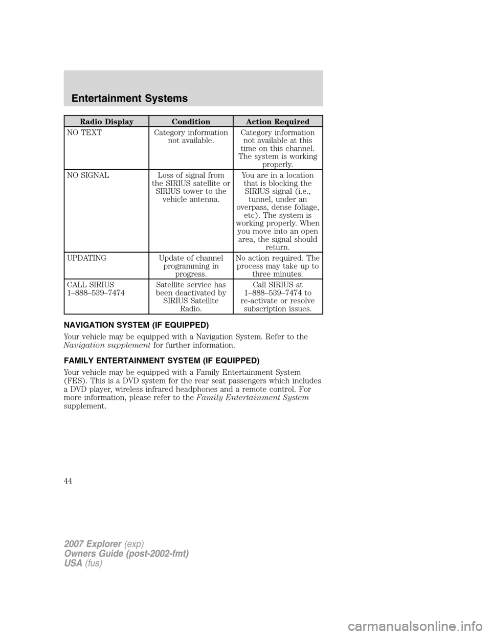 FORD EXPLORER 2007 4.G Owners Manual Radio Display Condition Action Required
NO TEXT Category information
not available.Category information
not available at this
time on this channel.
The system is working
properly.
NO SIGNAL Loss of si