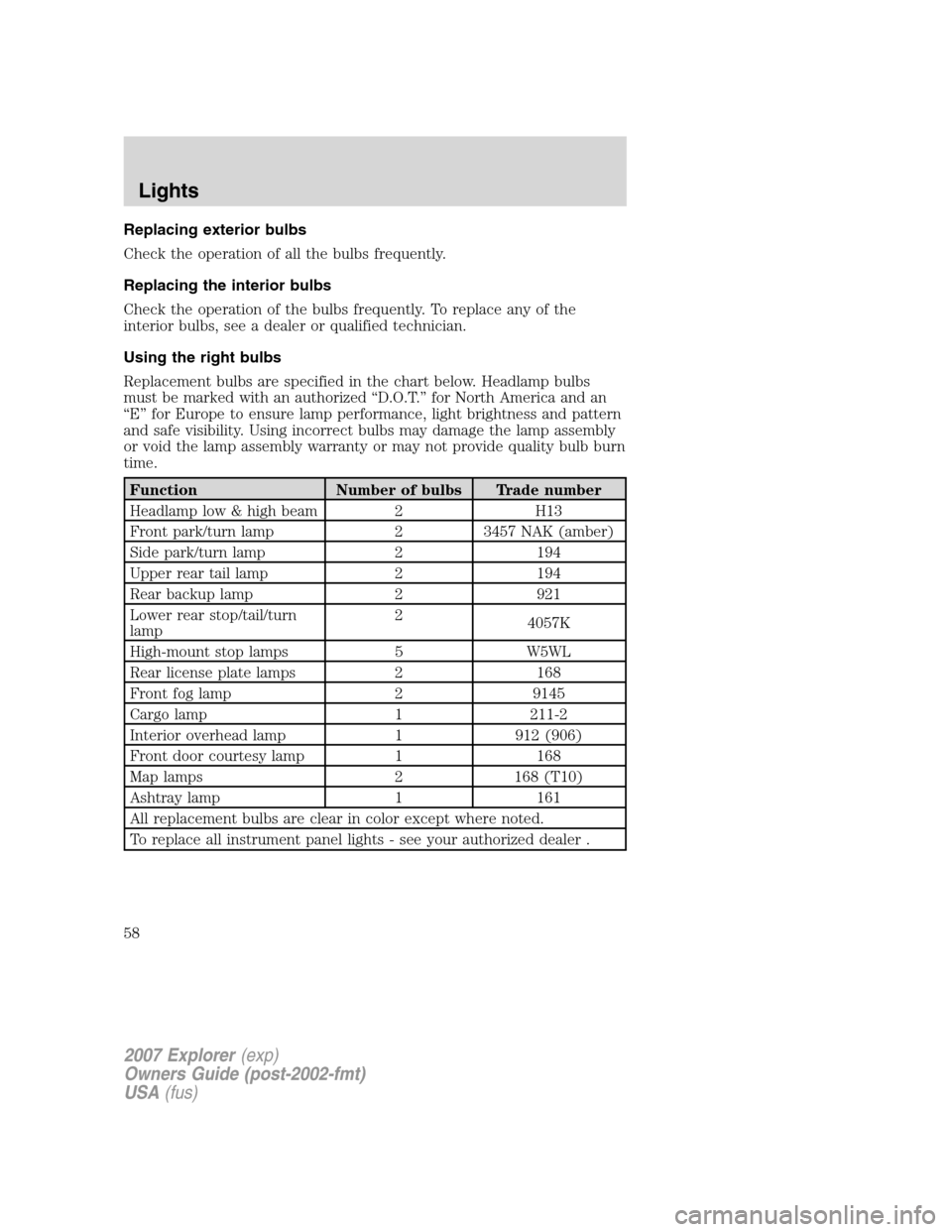 FORD EXPLORER 2007 4.G Owners Manual Replacing exterior bulbs
Check the operation of all the bulbs frequently.
Replacing the interior bulbs
Check the operation of the bulbs frequently. To replace any of the
interior bulbs, see a dealer o FORD EXPLORER 2007 4.G Owners Manual Replacing exterior bulbs
Check the operation of all the bulbs frequently.
Replacing the interior bulbs
Check the operation of the bulbs frequently. To replace any of the
interior bulbs, see a dealer o