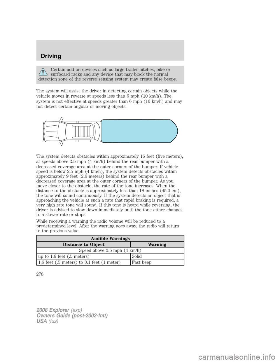 FORD EXPLORER 2008 4.G Owners Manual Certain add-on devices such as large trailer hitches, bike or
surfboard racks and any device that may block the normal
detection zone of the reverse sensing system may create false beeps.
The system w