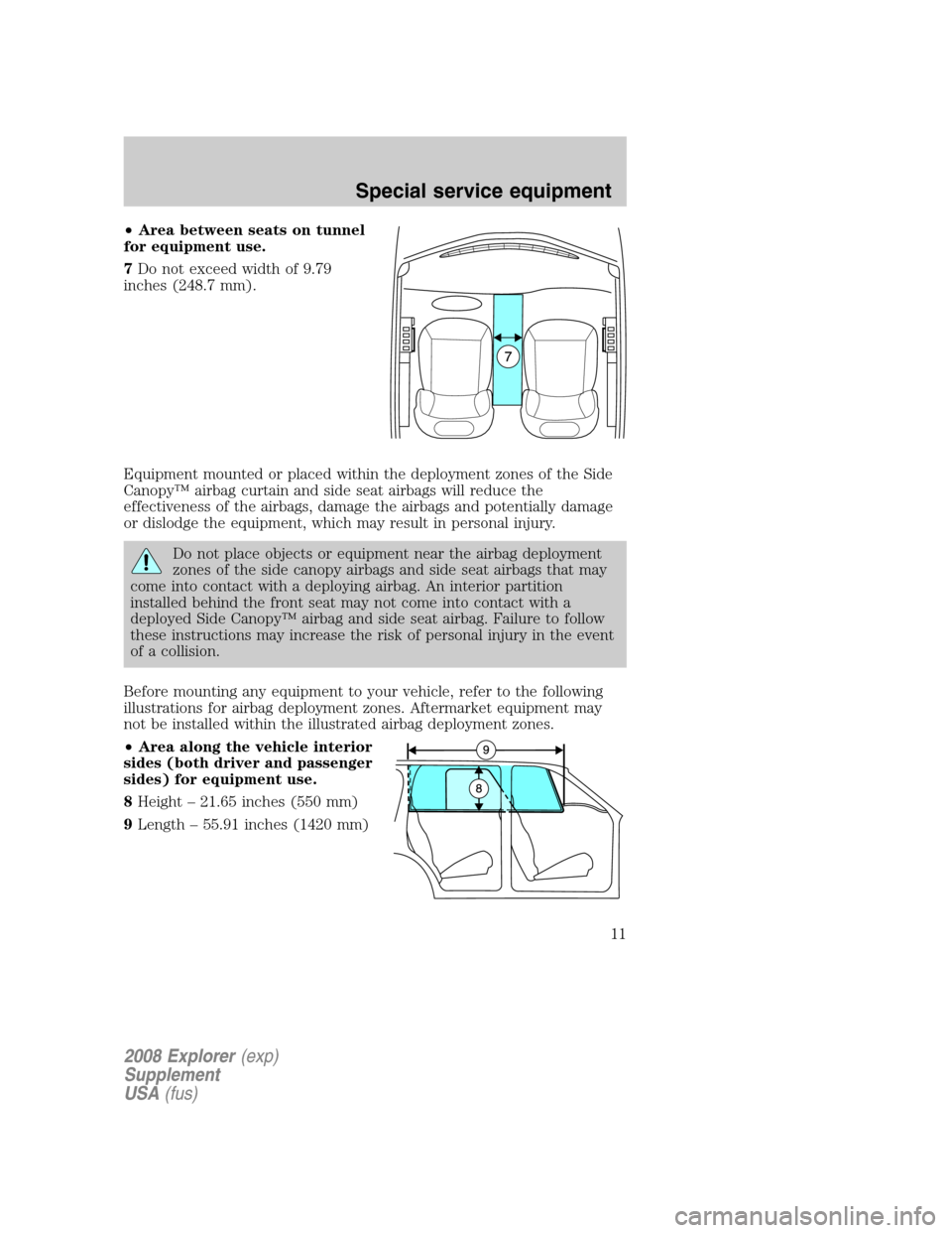 FORD EXPLORER 2008 4.G Severe Duty Supplement Manual •Area between seats on tunnel
for equipment use.
7Do not exceed width of 9.79
inches (248.7 mm).
Equipment mounted or placed within the deployment zones of the Side
Canopy™ airbag curtain and side FORD EXPLORER 2008 4.G Severe Duty Supplement Manual •Area between seats on tunnel
for equipment use.
7Do not exceed width of 9.79
inches (248.7 mm).
Equipment mounted or placed within the deployment zones of the Side
Canopy™ airbag curtain and side
