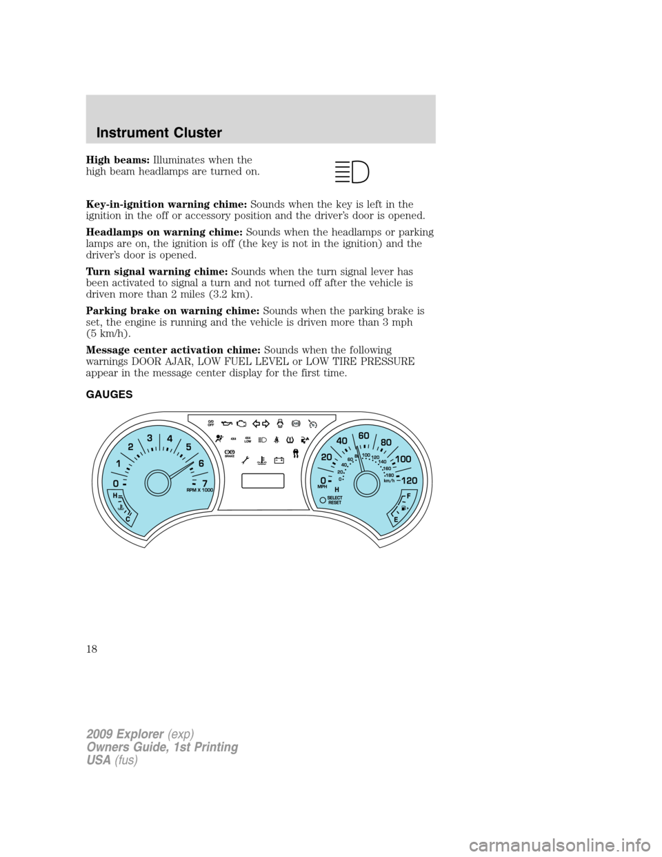 FORD EXPLORER 2009 4.G User Guide High beams:Illuminates when the
high beam headlamps are turned on.
Key-in-ignition warning chime:Sounds when the key is left in the
ignition in the off or accessory position and the driver’s door is