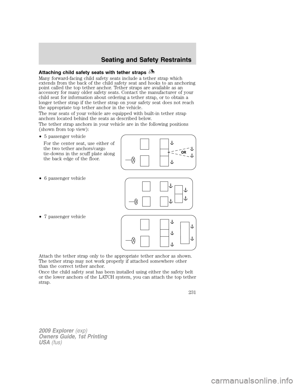 FORD EXPLORER 2009 4.G Owners Manual Attaching child safety seats with tether straps
Many forward-facing child safety seats include a tether strap which
extends from the back of the child safety seat and hooks to an anchoring
point calle FORD EXPLORER 2009 4.G Owners Manual Attaching child safety seats with tether straps
Many forward-facing child safety seats include a tether strap which
extends from the back of the child safety seat and hooks to an anchoring
point calle