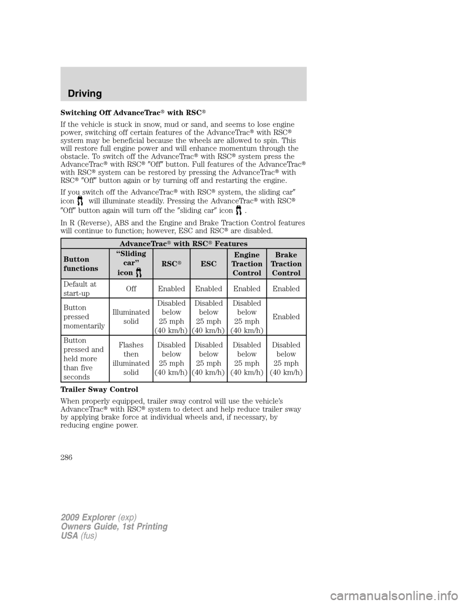 FORD EXPLORER 2009 4.G Owners Manual Switching Off AdvanceTracwith RSC
If the vehicle is stuck in snow, mud or sand, and seems to lose engine
power, switching off certain features of the AdvanceTracwith RSC
system may be beneficial b