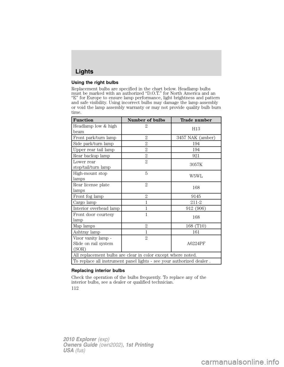 FORD EXPLORER 2010 4.G Owners Manual Using the right bulbs
Replacement bulbs are specified in the chart below. Headlamp bulbs
must be marked with an authorized “D.O.T.” for North America and an
“E” for Europe to ensure lamp perfo