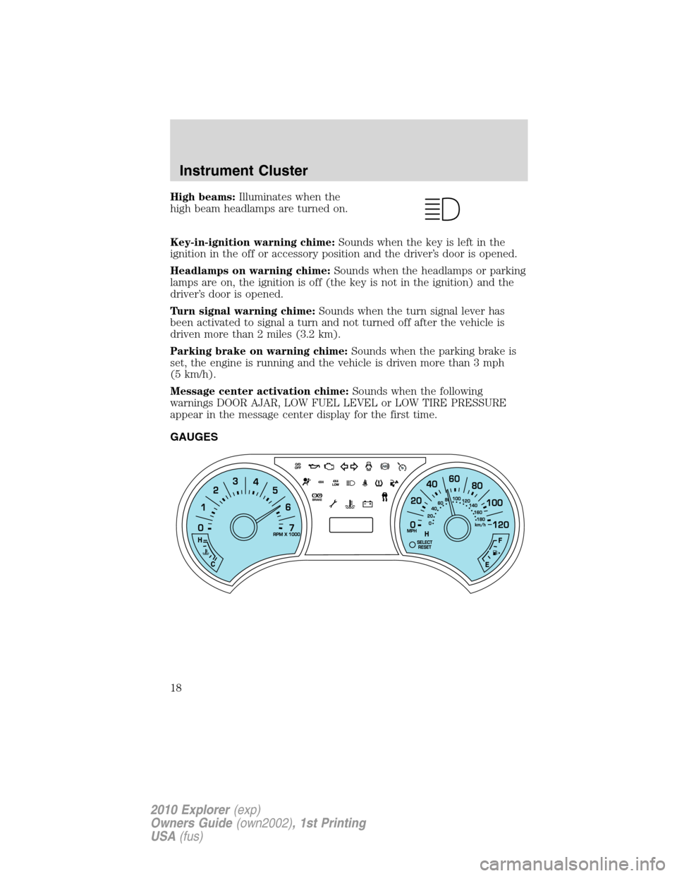 FORD EXPLORER 2010 4.G Owners Manual High beams:Illuminates when the
high beam headlamps are turned on.
Key-in-ignition warning chime:Sounds when the key is left in the
ignition in the off or accessory position and the driver’s door is