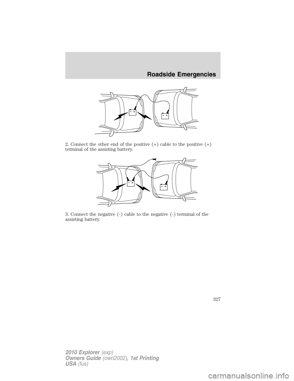 FORD EXPLORER 2010 4.G Owners Manual 2. Connect the other end of the positive (+) cable to the positive (+)
terminal of the assisting battery.
3. Connect the negative (-) cable to the negative (-) terminal of the
assisting battery.
+–+ FORD EXPLORER 2010 4.G Owners Manual 2. Connect the other end of the positive (+) cable to the positive (+)
terminal of the assisting battery.
3. Connect the negative (-) cable to the negative (-) terminal of the
assisting battery.
+–+