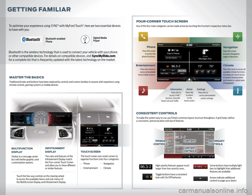 FORD EXPLORER 2011 5.G MyFord Touch With Navigation User Guide GETTING FAMILIARMASTER THE BASICSTraditional knobs and buttons have been replaced by controls and screens familiar to anyone with experience using
remote controls, gaming systems or mobile phones.To FORD EXPLORER 2011 5.G MyFord Touch With Navigation User Guide GETTING FAMILIARMASTER THE BASICSTraditional knobs and buttons have been replaced by controls and screens familiar to anyone with experience using
remote controls, gaming systems or mobile phones.To