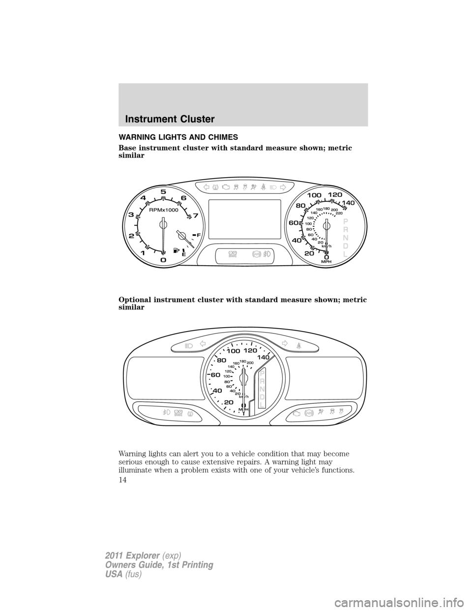 FORD EXPLORER 2011 5.G Owners Manual WARNING LIGHTS AND CHIMES
Base instrument cluster with standard measure shown; metric
similar
Optional instrument cluster with standard measure shown; metric
similar
Warning lights can alert you to a 