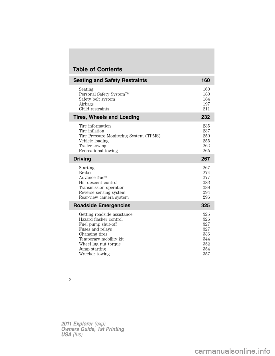 FORD EXPLORER 2011 5.G Owners Manual Seating and Safety Restraints 160
Seating 160
Personal Safety System™ 180
Safety belt system 184
Airbags 197
Child restraints 211
Tires, Wheels and Loading 232
Tire information 235
Tire inflation 23