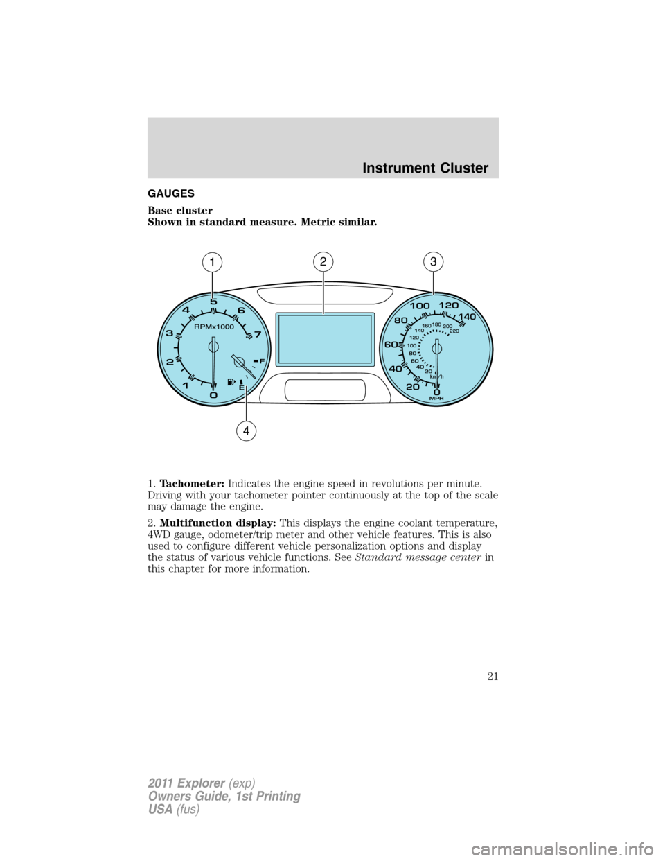 FORD EXPLORER 2011 5.G Owners Manual GAUGES
Base cluster
Shown in standard measure. Metric similar.
1.Tachometer:Indicates the engine speed in revolutions per minute.
Driving with your tachometer pointer continuously at the top of the sc