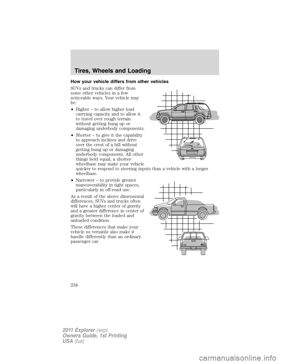 FORD EXPLORER 2011 5.G Owners Manual How your vehicle differs from other vehicles
SUVs and trucks can differ from
some other vehicles in a few
noticeable ways. Your vehicle may
be:
•Higher – to allow higher load
carrying capacity and FORD EXPLORER 2011 5.G Owners Manual How your vehicle differs from other vehicles
SUVs and trucks can differ from
some other vehicles in a few
noticeable ways. Your vehicle may
be:
•Higher – to allow higher load
carrying capacity and