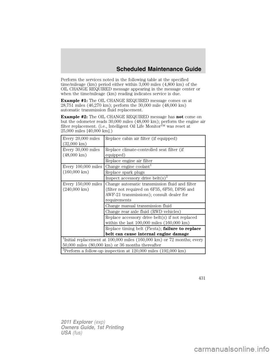 FORD EXPLORER 2011 5.G Owners Manual Perform the services noted in the following table at the specified
time/mileage (km) period either within 3,000 miles (4,800 km) of the
OIL CHANGE REQUIRED message appearing in the message center or
w