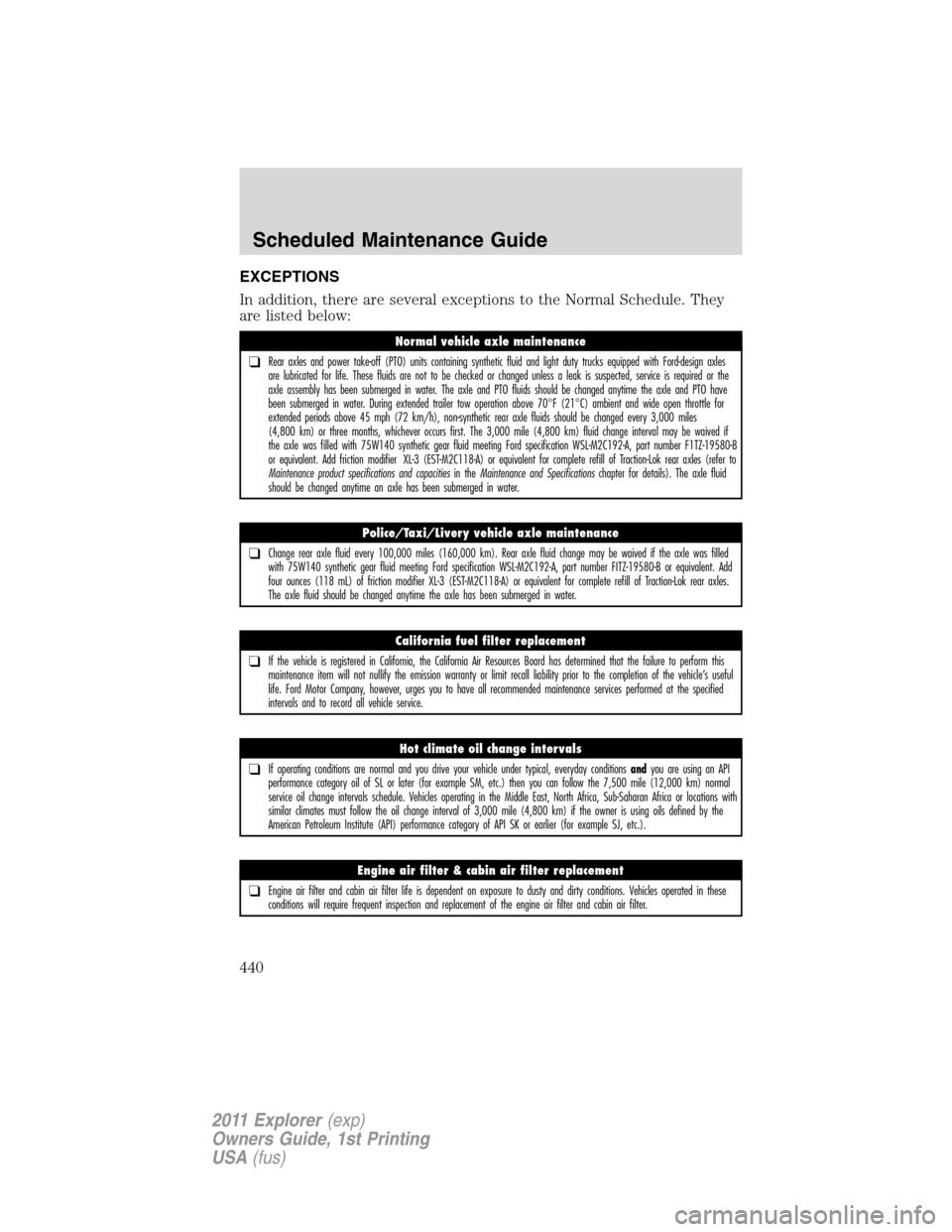 FORD EXPLORER 2011 5.G User Guide EXCEPTIONS
In addition, there are several exceptions to the Normal Schedule. They
are listed below:
Normal vehicle axle maintenance
❑Rear axles and power take-off (PTO) units containing synthetic fl