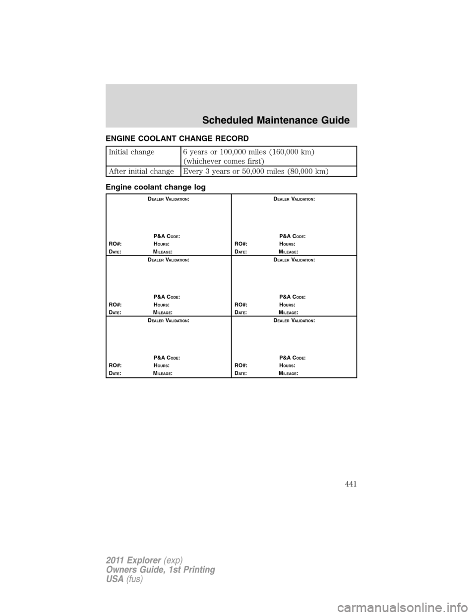 FORD EXPLORER 2011 5.G Owners Manual ENGINE COOLANT CHANGE RECORD
Initial change 6 years or 100,000 miles (160,000 km)
(whichever comes first)
After initial change Every 3 years or 50,000 miles (80,000 km)
Engine coolant change log
DEALE
