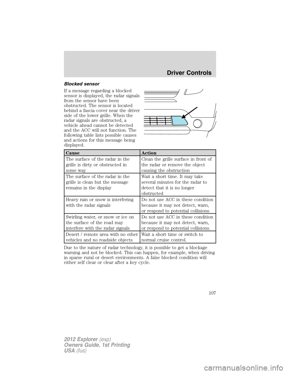 FORD EXPLORER 2012 5.G Owners Manual Blocked sensor
If a message regarding a blocked
sensor is displayed, the radar signals
from the sensor have been
obstructed. The sensor is located
behind a fascia cover near the driver
side of the low