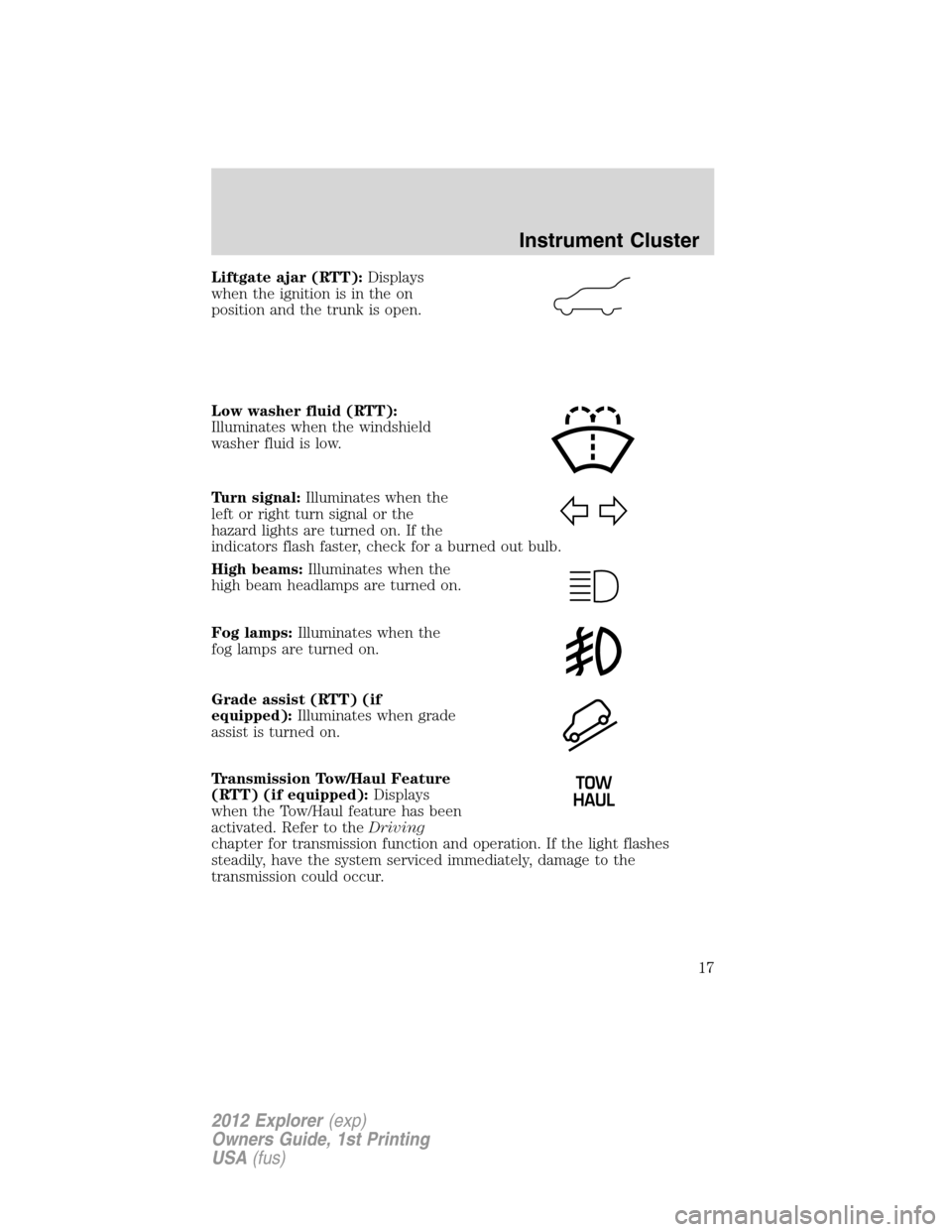 FORD EXPLORER 2012 5.G User Guide Liftgate ajar (RTT):Displays
when the ignition is in the on
position and the trunk is open.
Low washer fluid (RTT):
Illuminates when the windshield
washer fluid is low.
Turn signal:Illuminates when th