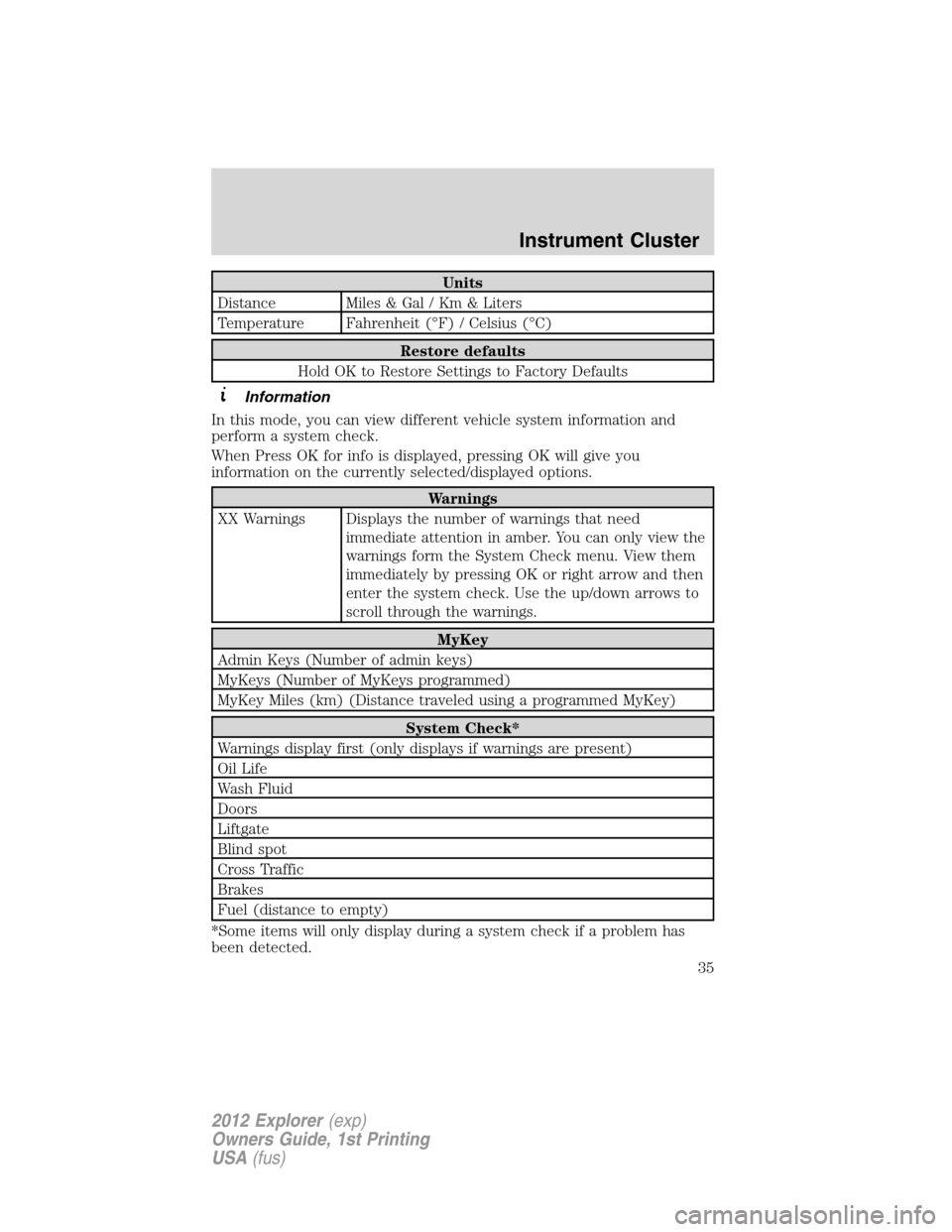 FORD EXPLORER 2012 5.G Owners Guide Units
Distance Miles & Gal / Km & Liters
Temperature Fahrenheit (°F) / Celsius (°C)
Restore defaults
Hold OK to Restore Settings to Factory Defaults
Information
In this mode, you can view different 