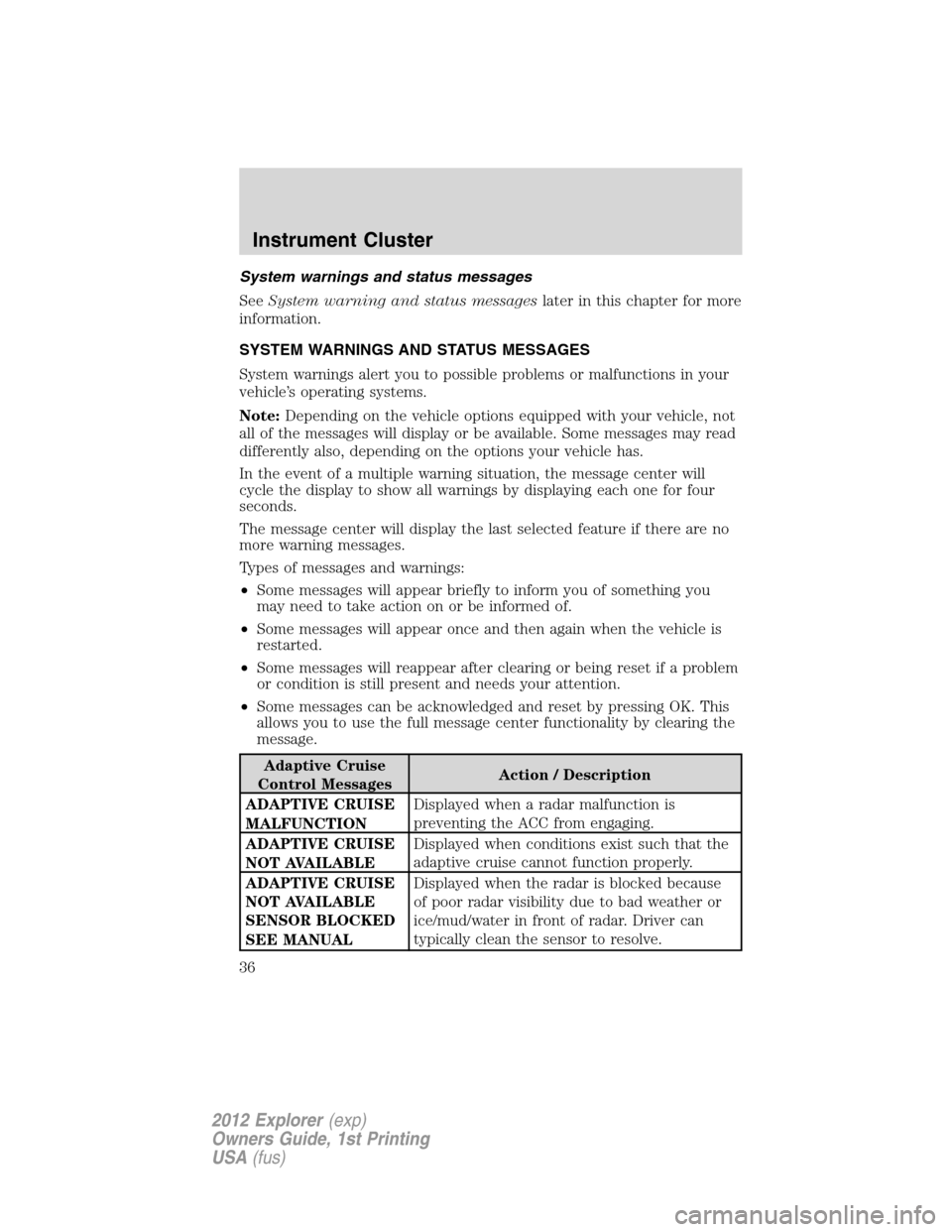 FORD EXPLORER 2012 5.G Owners Manual System warnings and status messages
SeeSystem warning and status messageslater in this chapter for more
information.
SYSTEM WARNINGS AND STATUS MESSAGES
System warnings alert you to possible problems 