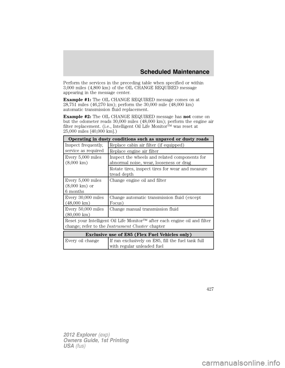 FORD EXPLORER 2012 5.G Owners Manual Perform the services in the preceding table when specified or within
3,000 miles (4,800 km) of the OIL CHANGE REQUIRED message
appearing in the message center.
Example #1:The OIL CHANGE REQUIRED messa