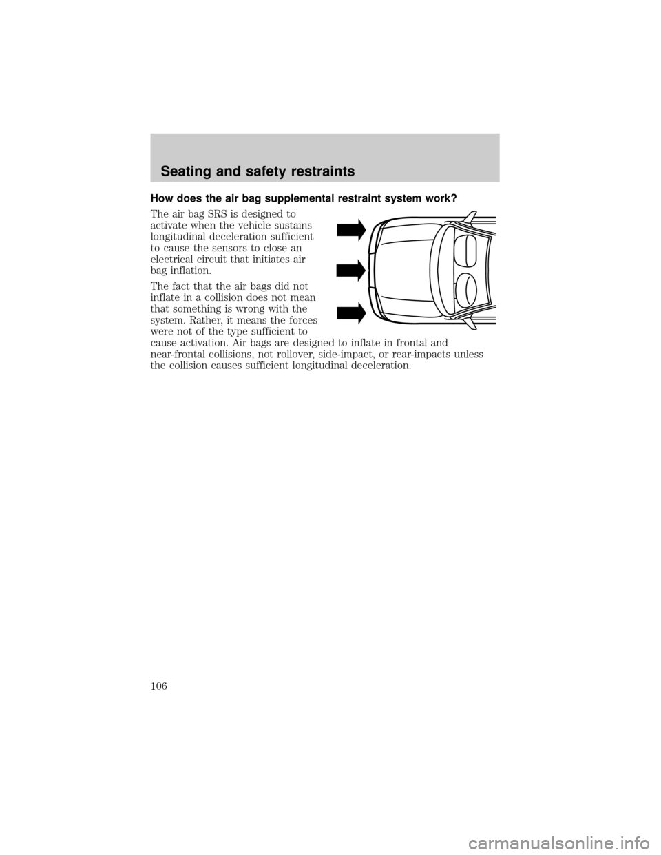 FORD EXPLORER SPORT 2001 1.G Owners Manual How does the air bag supplemental restraint system work?
The air bag SRS is designed to
activate when the vehicle sustains
longitudinal deceleration sufficient
to cause the sensors to close an
electri FORD EXPLORER SPORT 2001 1.G Owners Manual How does the air bag supplemental restraint system work?
The air bag SRS is designed to
activate when the vehicle sustains
longitudinal deceleration sufficient
to cause the sensors to close an
electri