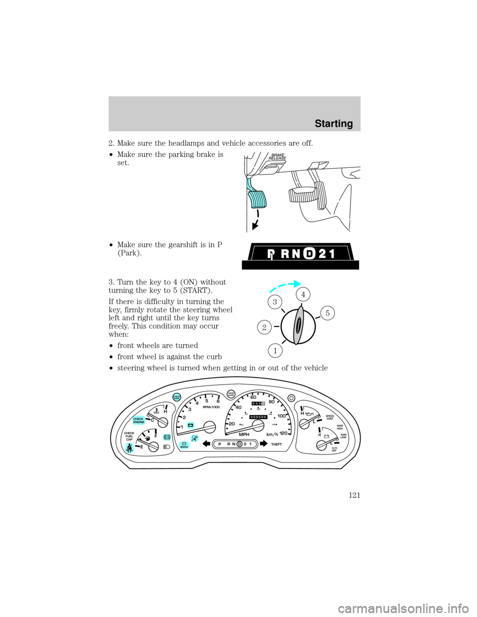 FORD EXPLORER SPORT 2001 1.G Owners Manual 2. Make sure the headlamps and vehicle accessories are off.
²Make sure the parking brake is
set.
²Make sure the gearshift is in P
(Park).
3. Turn the key to 4 (ON) without
turning the key to 5 (STAR