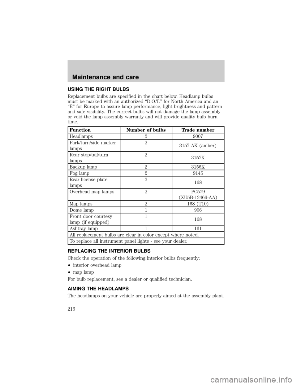 FORD EXPLORER SPORT 2001 1.G Owners Manual USING THE RIGHT BULBS
Replacement bulbs are specified in the chart below. Headlamp bulbs
must be marked with an authorized ªD.O.T.º for North America and an
ªEº for Europe to assure lamp performan FORD EXPLORER SPORT 2001 1.G Owners Manual USING THE RIGHT BULBS
Replacement bulbs are specified in the chart below. Headlamp bulbs
must be marked with an authorized ªD.O.T.º for North America and an
ªEº for Europe to assure lamp performan