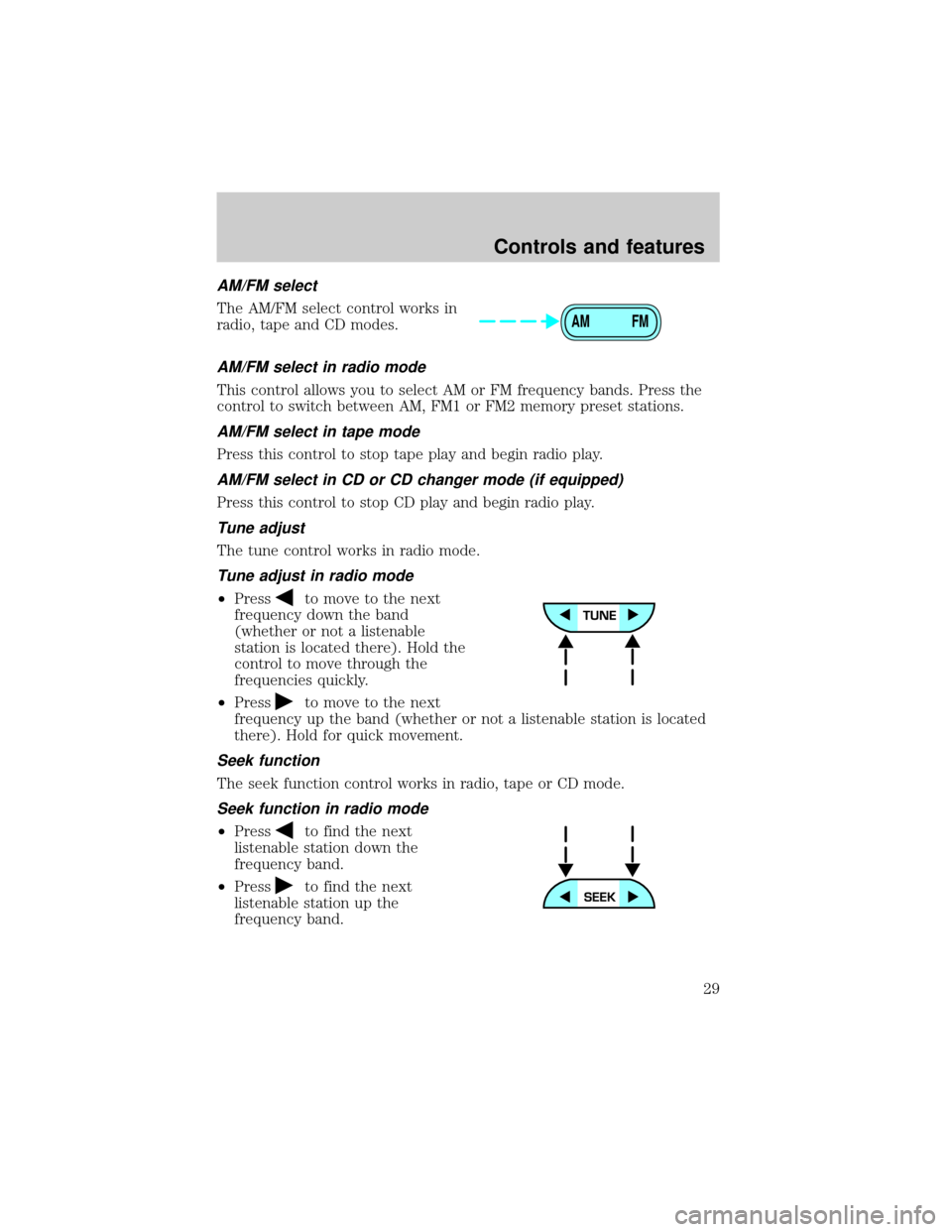 FORD EXPLORER SPORT 2001 1.G Owners Manual AM/FM select
The AM/FM select control works in
radio, tape and CD modes.
AM/FM select in radio mode
This control allows you to select AM or FM frequency bands. Press the
control to switch between AM, 