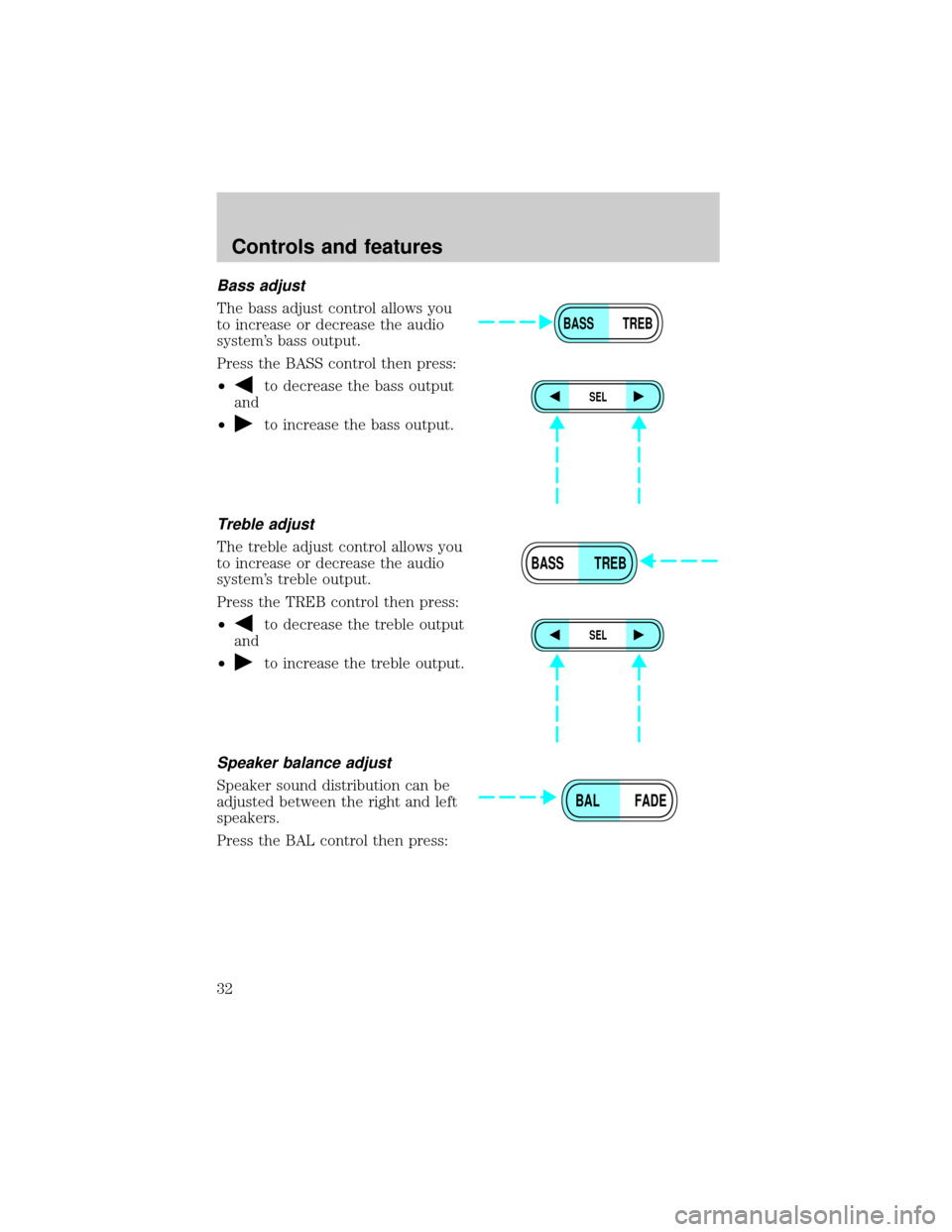 FORD EXPLORER SPORT 2001 1.G Owners Guide Bass adjust
The bass adjust control allows you
to increase or decrease the audio
systems bass output.
Press the BASS control then press:
²
to decrease the bass output
and
²
to increase the bass out