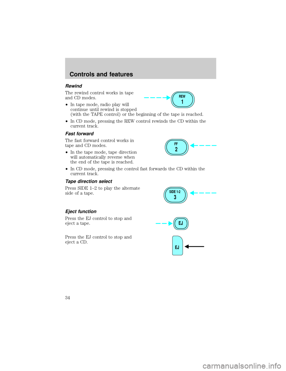 FORD EXPLORER SPORT 2001 1.G Owners Guide Rewind
The rewind control works in tape
and CD modes.
²In tape mode, radio play will
continue until rewind is stopped
(with the TAPE control) or the beginning of the tape is reached.
²In CD mode, pr