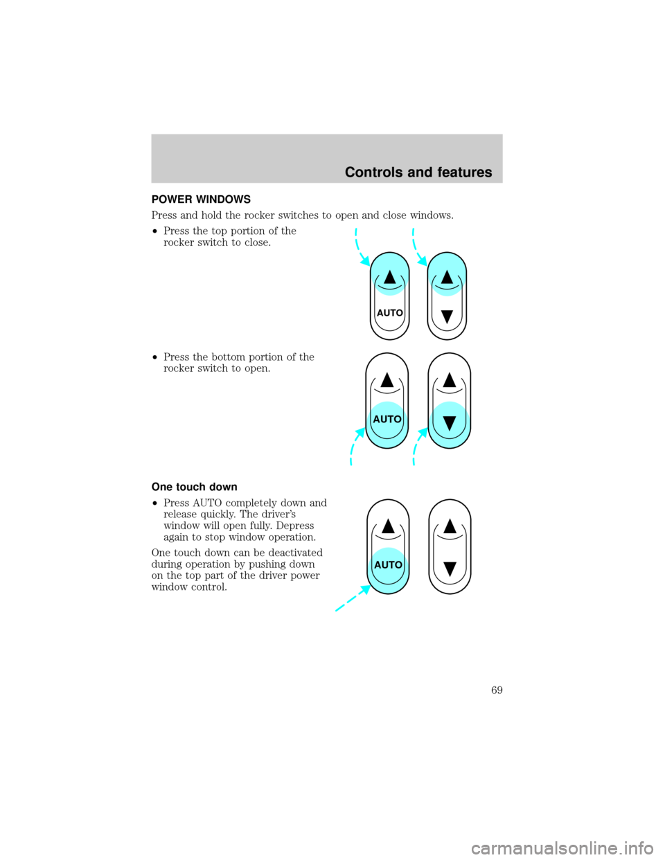 FORD EXPLORER SPORT 2001 1.G Owners Manual POWER WINDOWS
Press and hold the rocker switches to open and close windows.
²Press the top portion of the
rocker switch to close.
²Press the bottom portion of the
rocker switch to open.
One touch do