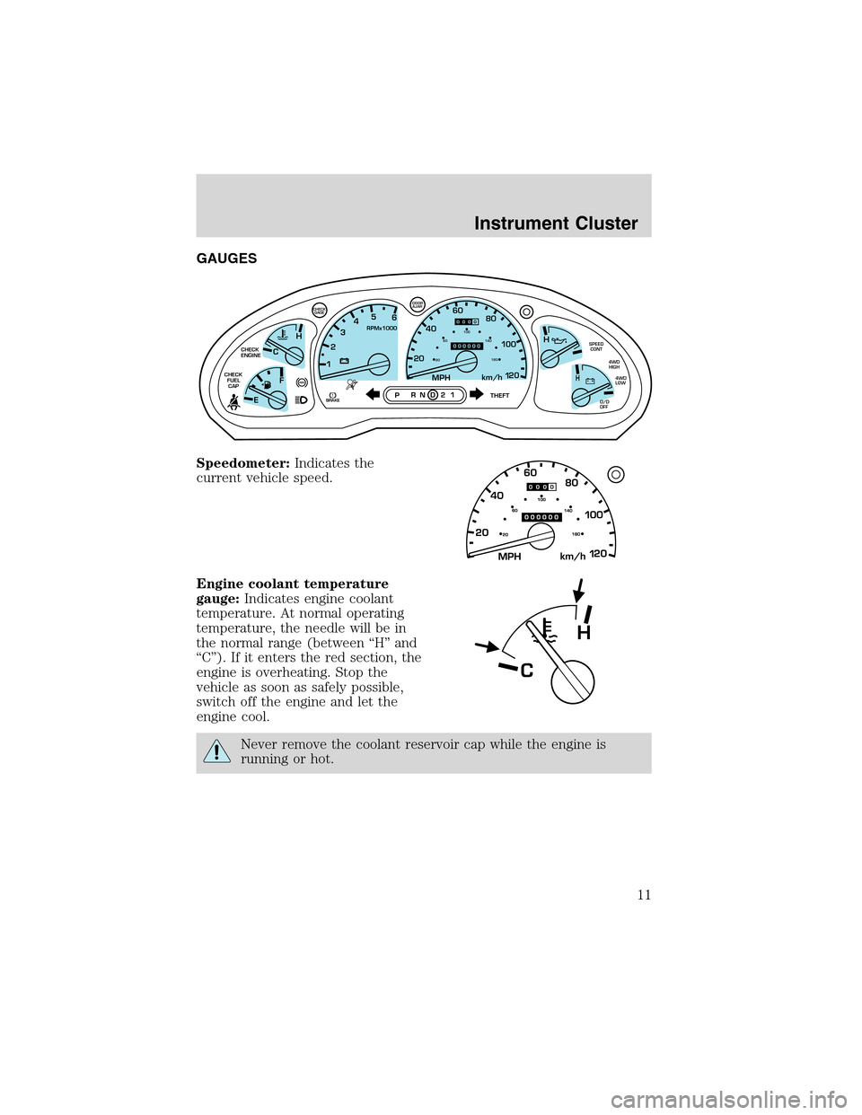 FORD EXPLORER SPORT 2002 1.G User Guide GAUGES
Speedometer:Indicates the
current vehicle speed.
Engine coolant temperature
gauge:Indicates engine coolant
temperature. At normal operating
temperature, the needle will be in
the normal range (