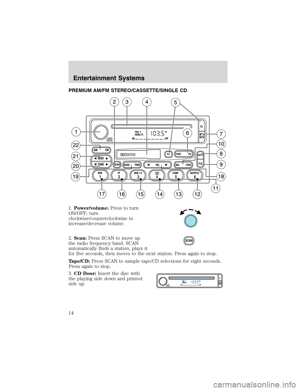 FORD EXPLORER SPORT 2002 1.G User Guide PREMIUM AM/FM STEREO/CASSETTE/SINGLE CD
1.Power/volume:Press to turn
ON/OFF; turn
clockwise/counterclockwise to
increase/decrease volume.
2.Scan:Press SCAN to move up
the radio frequency band. SCAN
au