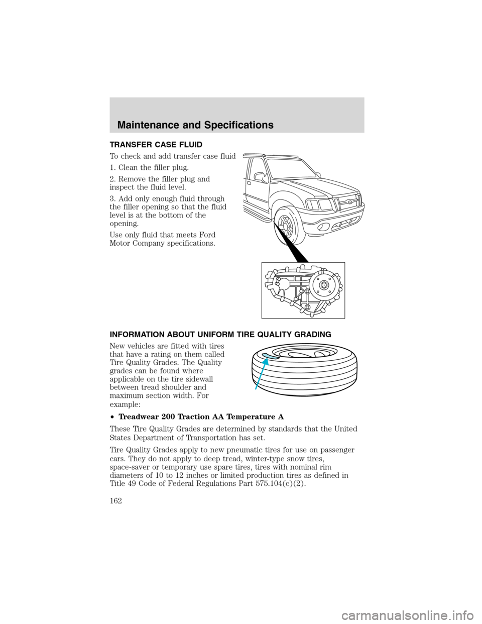 FORD EXPLORER SPORT 2002 1.G Owners Manual TRANSFER CASE FLUID
To check and add transfer case fluid
1. Clean the filler plug.
2. Remove the filler plug and
inspect the fluid level.
3. Add only enough fluid through
the filler opening so that th