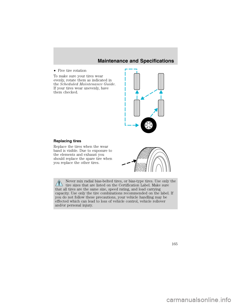 FORD EXPLORER SPORT 2002 1.G Owners Manual •Five tire rotation
To make sure your tires wear
evenly, rotate them as indicated in
theScheduled Maintenance Guide.
If your tires wear unevenly, have
them checked.
Replacing tires
Replace the tires