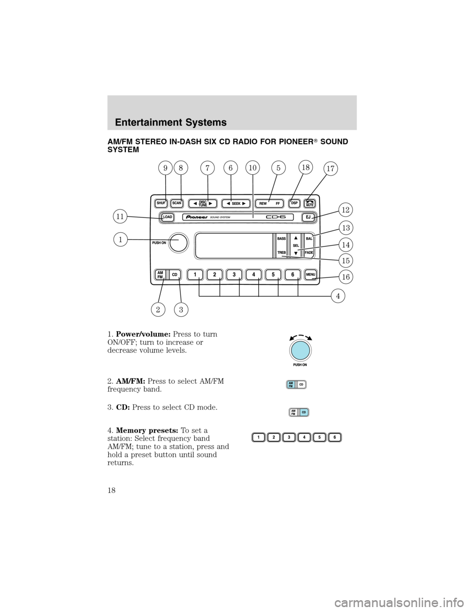 FORD EXPLORER SPORT 2002 1.G Owners Manual AM/FM STEREO IN-DASH SIX CD RADIO FOR PIONEERSOUND
SYSTEM
1.Power/volume:Press to turn
ON/OFF; turn to increase or
decrease volume levels.
2.AM/FM:Press to select AM/FM
frequency band.
3.CD:Press to 