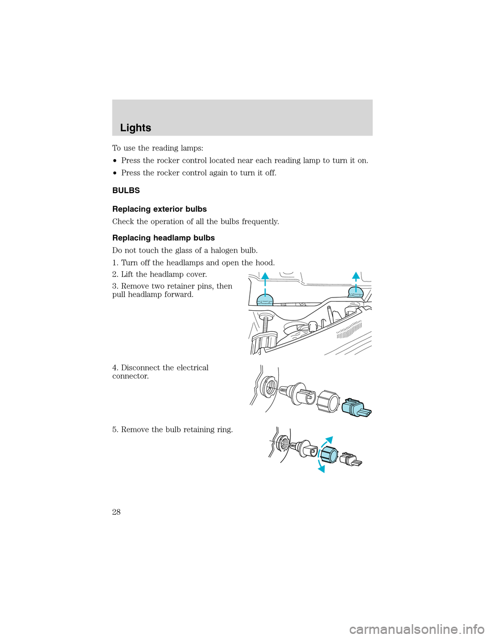 FORD EXPLORER SPORT 2002 1.G Owners Manual To use the reading lamps:
•Press the rocker control located near each reading lamp to turn it on.
•Press the rocker control again to turn it off.
BULBS
Replacing exterior bulbs
Check the operation