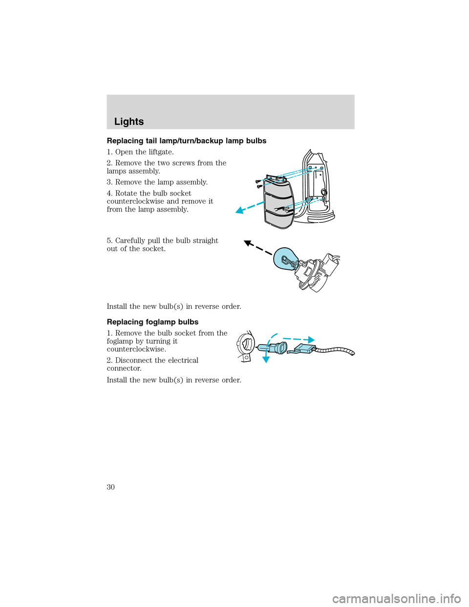 FORD EXPLORER SPORT 2002 1.G Owners Manual Replacing tail lamp/turn/backup lamp bulbs
1. Open the liftgate.
2. Remove the two screws from the
lamps assembly.
3. Remove the lamp assembly.
4. Rotate the bulb socket
counterclockwise and remove it