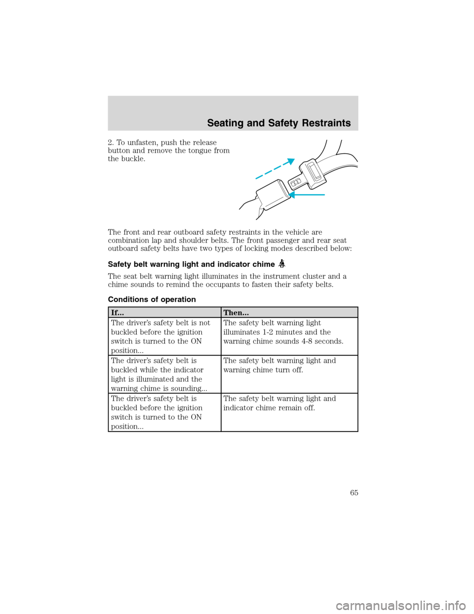FORD EXPLORER SPORT 2002 1.G Repair Manual 2. To unfasten, push the release
button and remove the tongue from
the buckle.
The front and rear outboard safety restraints in the vehicle are
combination lap and shoulder belts. The front passenger 