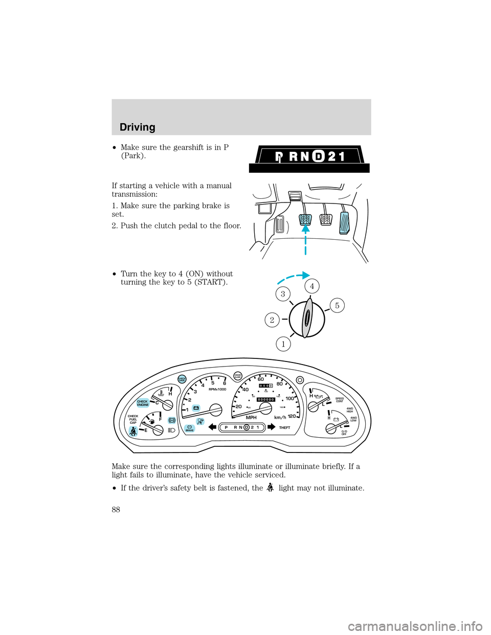 FORD EXPLORER SPORT 2002 1.G Manual Online •Make sure the gearshift is in P
(Park).
If starting a vehicle with a manual
transmission:
1. Make sure the parking brake is
set.
2. Push the clutch pedal to the floor.
•Turn the key to 4 (ON) wit