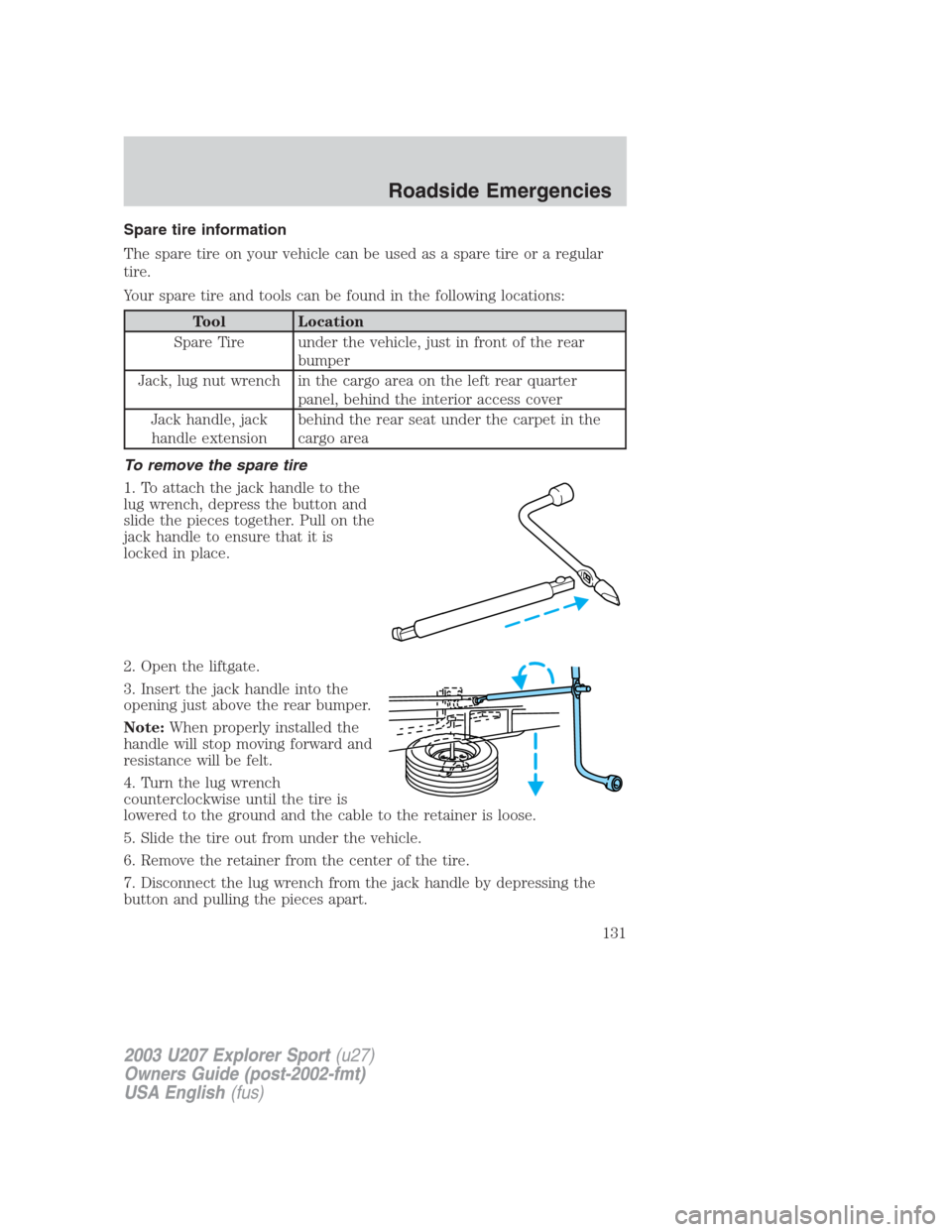 FORD EXPLORER SPORT 2003 1.G Owners Manual Spare tire information
The spare tire on your vehicle can be used as a spare tire or a regular
tire.
Your spare tire and tools can be found in the following locations:
Tool Location
Spare Tire under t