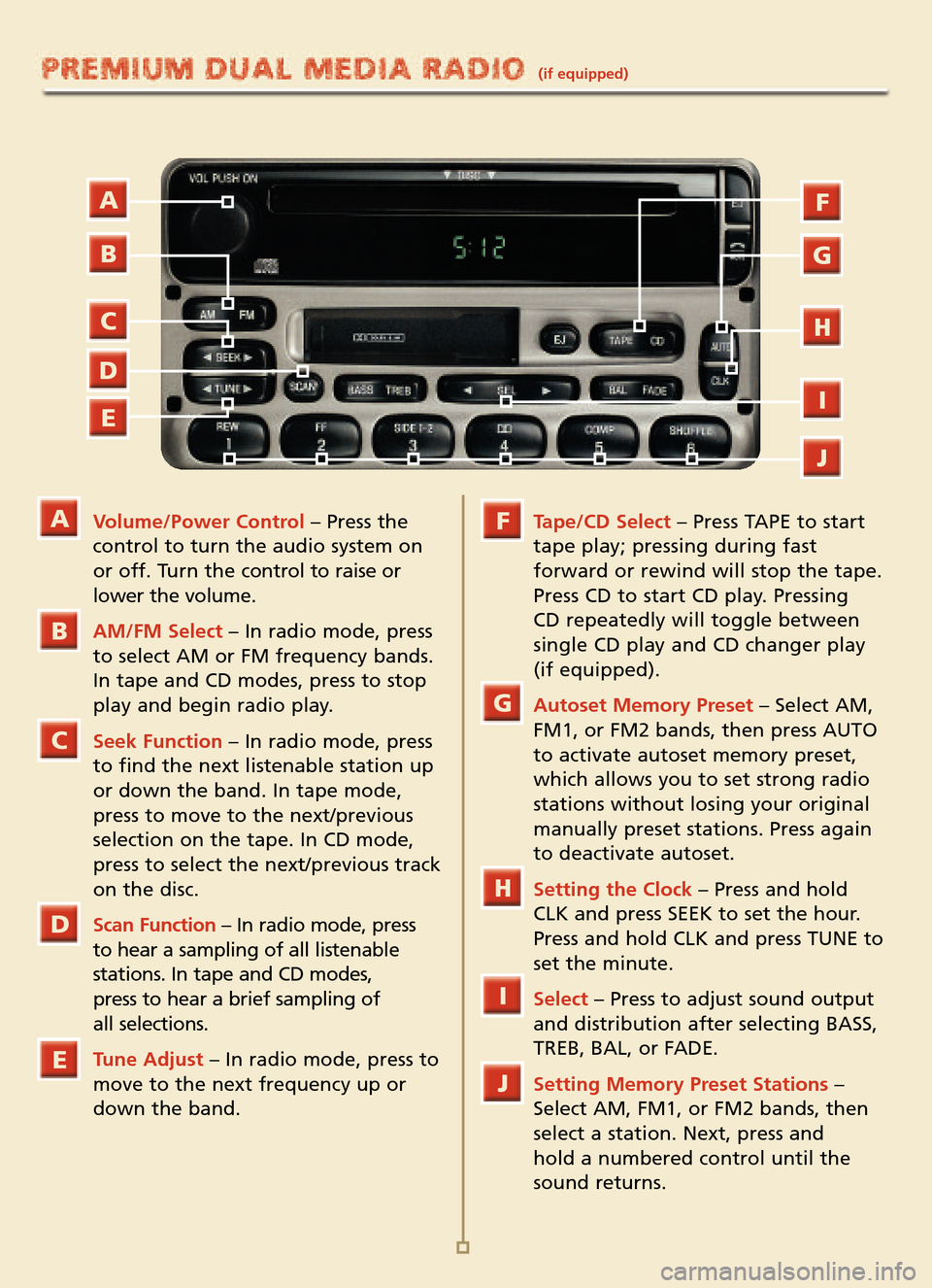 FORD EXPLORER SPORT TRAC 2005 1.G Quick Reference Guide Volume/Power Control– Press the
control to turn the audio system on
or off. Turn the control to raise orlower the volume.
AM/FM Select– In radio mode, press
to select AM or FM frequency bands.
In FORD EXPLORER SPORT TRAC 2005 1.G Quick Reference Guide Volume/Power Control– Press the
control to turn the audio system on
or off. Turn the control to raise orlower the volume.
AM/FM Select– In radio mode, press
to select AM or FM frequency bands.
In