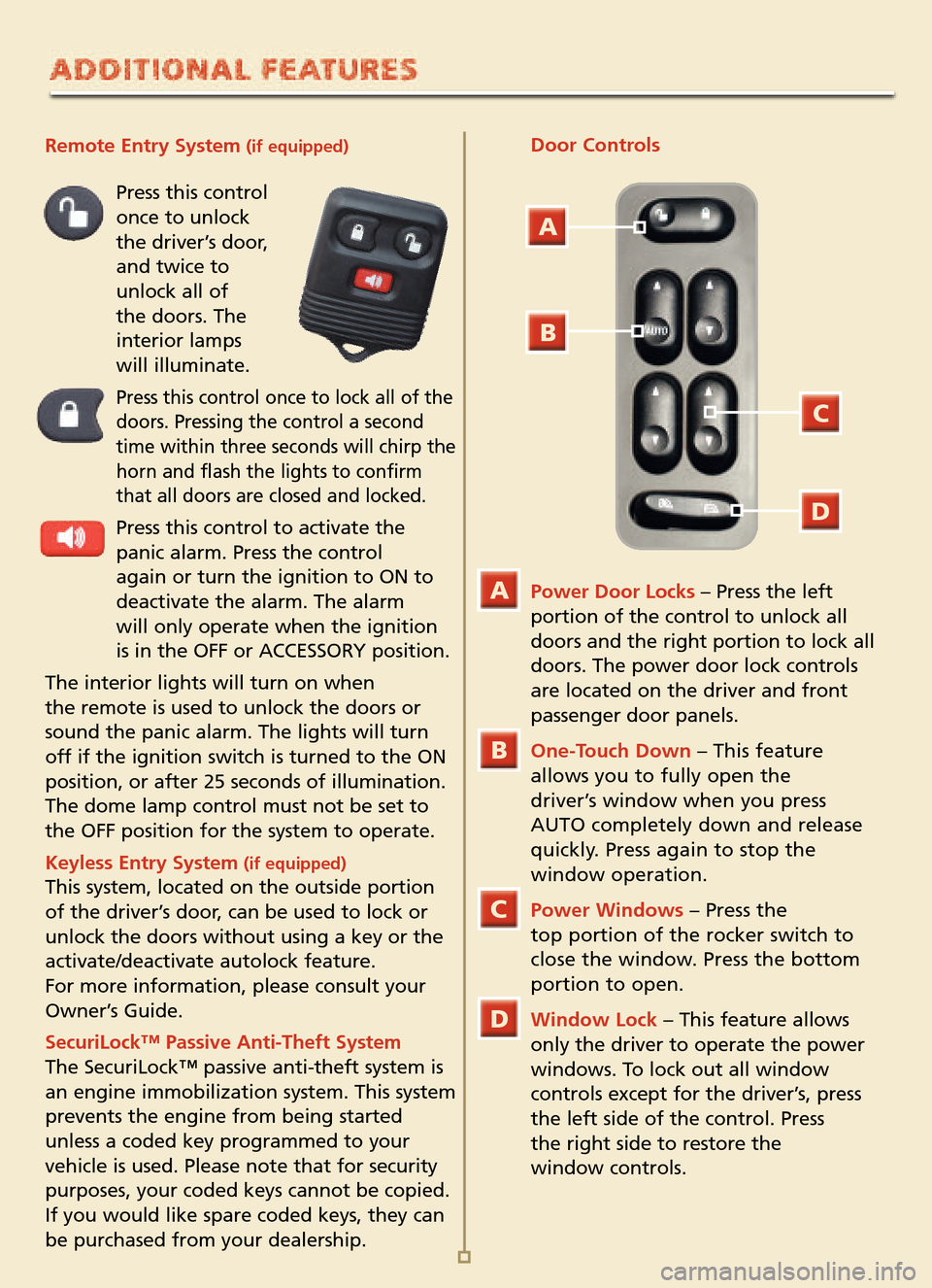 FORD EXPLORER SPORT TRAC 2005 1.G Quick Reference Guide Remote Entry System (if equipped)
Press this control
once to unlock
the driver’s door, and twice to unlock all of the doors. The interior lamps will illuminate.
Press this control once to lock all FORD EXPLORER SPORT TRAC 2005 1.G Quick Reference Guide Remote Entry System (if equipped)
Press this control
once to unlock
the driver’s door, and twice to unlock all of the doors. The interior lamps will illuminate.
Press this control once to lock all
