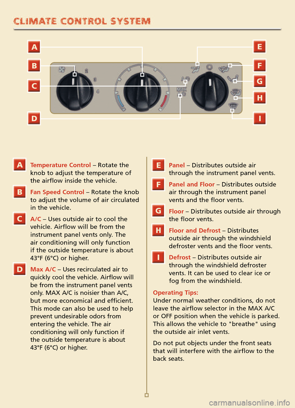 FORD EXPLORER SPORT TRAC 2005 1.G Quick Reference Guide Temperature Control– Rotate the
knob to adjust the temperature of
the airflow inside the vehicle.
Fan Speed Control– Rotate the knob
to adjust the volume of air circulatedin the vehicle.
A/C– FORD EXPLORER SPORT TRAC 2005 1.G Quick Reference Guide Temperature Control– Rotate the
knob to adjust the temperature of
the airflow inside the vehicle.
Fan Speed Control– Rotate the knob
to adjust the volume of air circulatedin the vehicle.
A/C–