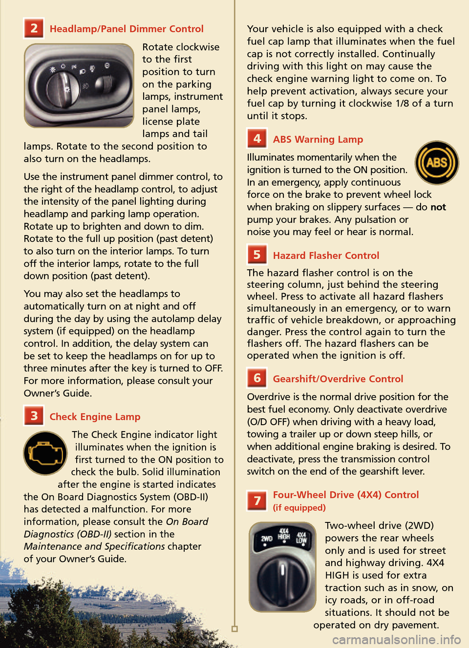 FORD EXPLORER SPORT TRAC 2005 1.G Quick Reference Guide Headlamp/Panel Dimmer Control
Rotate clockwise
to the first
position to turnon the parking
lamps, instrumentpanel lamps,license platelamps and tail
lamps. Rotate to the second position to
also turn o FORD EXPLORER SPORT TRAC 2005 1.G Quick Reference Guide Headlamp/Panel Dimmer Control
Rotate clockwise
to the first
position to turnon the parking
lamps, instrumentpanel lamps,license platelamps and tail
lamps. Rotate to the second position to
also turn o