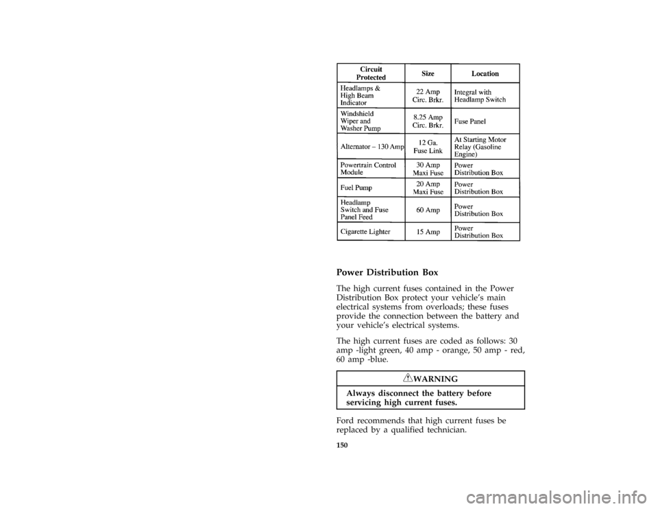 FORD F SERIES MOTORHOME AND COMMERCIAL CHASSIS 1996 10.G Owners Manual 150 [SV41130( M)03/94]
twenty pica chart:0020731-D
%*
[SV41300( ALL)10/92]
Power Distribution Box
*
[SV41400( ALL)10/92]
The high current fuses contained in the Power
Distribution Box protect your veh