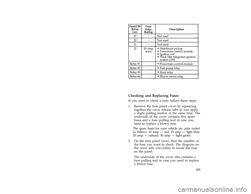 FORD F SERIES MOTORHOME AND COMMERCIAL CHASSIS 1996 10.G Owners Manual 153 [SV42172( M)03/94]
eighteen pica chart:0020966-B
%*
[SV42200( ALL)06/95]
Checking and Replacing Fuses
*
[SV42300( ALL)02/95]
If you need to check a fuse, follow these steps:
[SV42600( M)10/92]
1. 