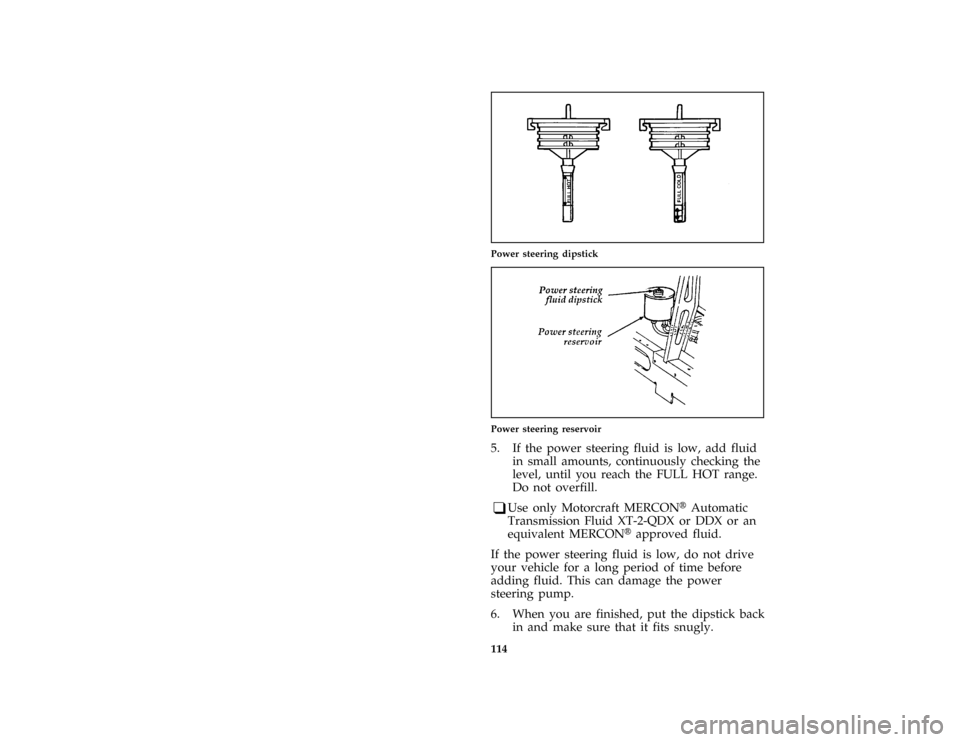 FORD F SERIES MOTORHOME AND COMMERCIAL CHASSIS 1997 10.G Owners Manual 114
*
[MC18700( ALL)01/96]
one third page art:0021016-B
Power steering dipstick
[MC18900( M)01/96]
one third page art:0020729-C
Power steering reservoir
*
[MC19050( ALL)01/96]
5. If the power steering