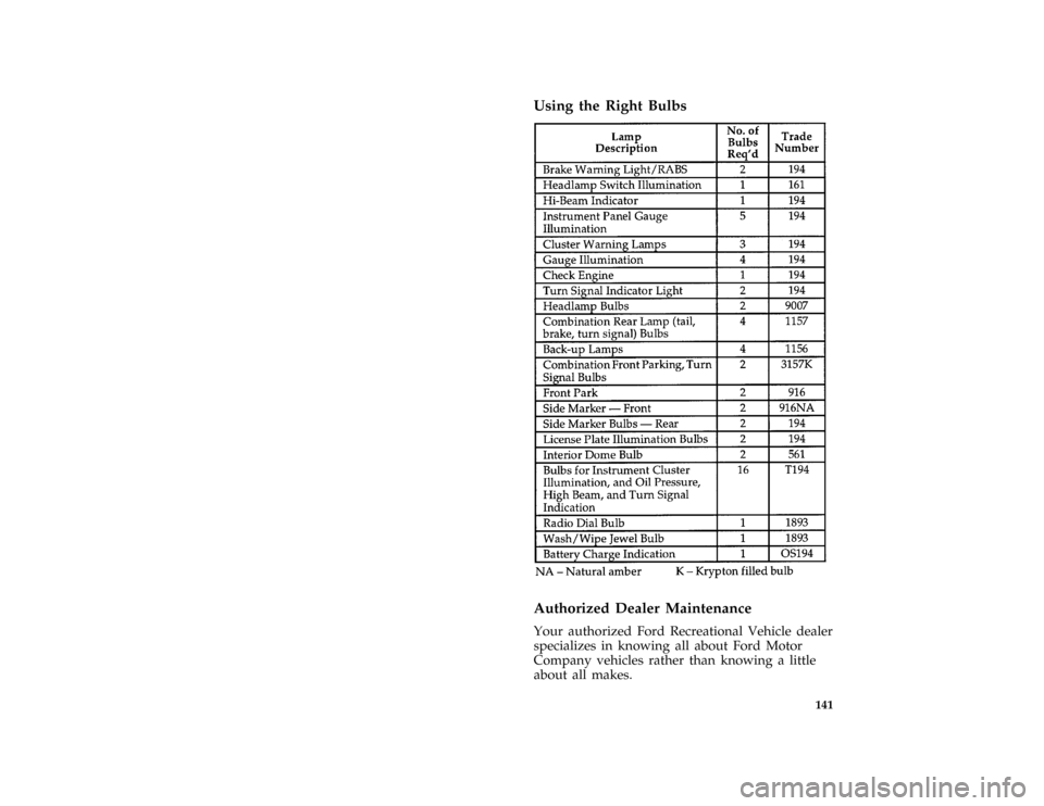 FORD F SERIES MOTORHOME AND COMMERCIAL CHASSIS 1997 10.G Owners Manual 141 %
*
[MC44550( M)01/96]
Using the Right Bulbs
[MC44900( M)01/96]
thirty pica chart:0020733-C[MC45100( M)01/96]
Authorized Dealer Maintenance
[MC45200( M)01/96]
Your authorized Ford Recreational Veh