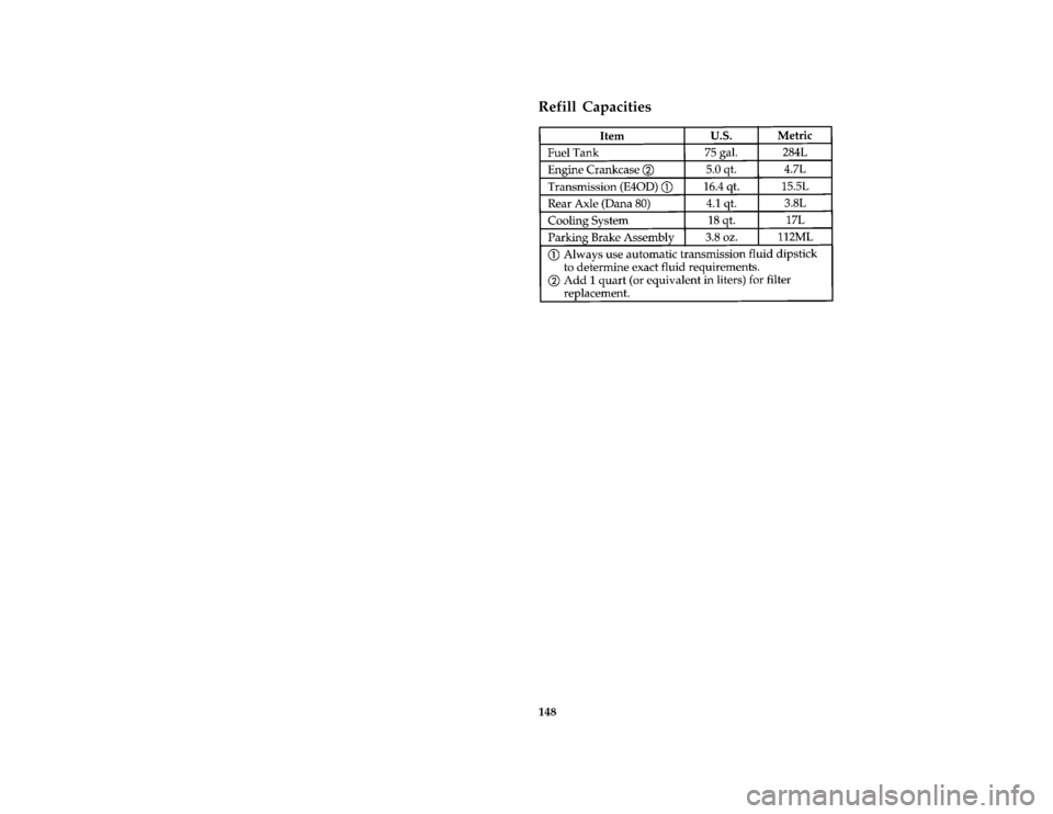 FORD F SERIES MOTORHOME AND COMMERCIAL CHASSIS 1997 10.G Owners Manual 148 %
*
[CS01800( ALL)01/96]
Refill Capacities
[CS02160( M)01/96]
sixteen pica chart:0020734-EFile:12ltcsm.ex
Update:Fri Dec 13 11:25:18 1996 
