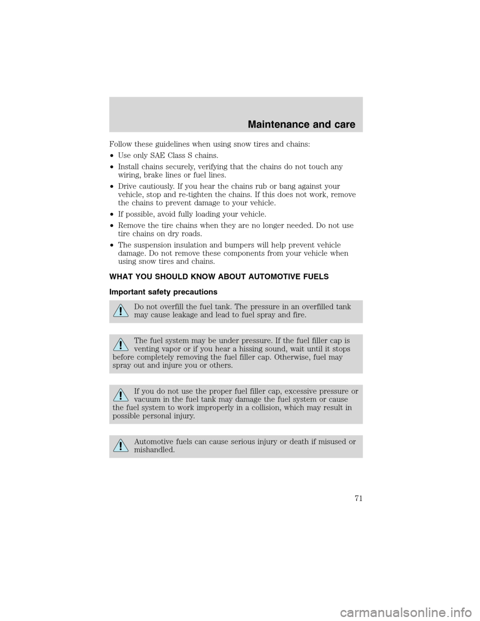 FORD F SERIES MOTORHOME AND COMMERCIAL CHASSIS 1999 10.G Manual PDF Follow these guidelines when using snow tires and chains:
•Use only SAE Class S chains.
•Install chains securely, verifying that the chains do not touch any
wiring, brake lines or fuel lines.
•D